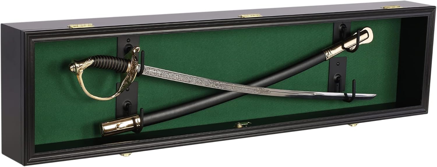 ONE 44' Rifle Gun Shotgun Display Case Saber Sword Golf Club Display Case Cabinet Rack Putter Shadow Box w/98% UV - Lockable Door (Green Felt)-Black Frame