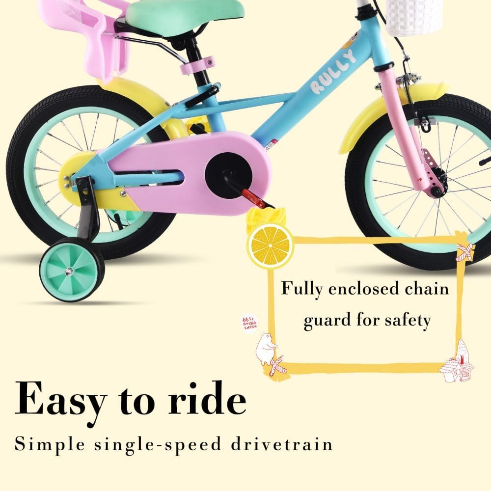 RULLY 12 14 16 Inch Kids Bike for 2-7 Years Girls 33-53 Inch Tall, Toddler Bicycle with Training Wheels & Coaster Brake, Rainbow Bike, Macarons
