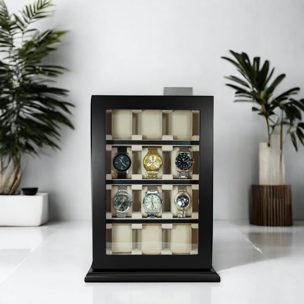 TIMELYBUYS 12 Piece Black Wood Watch Display Wall Hanging Case and Storage Organizer Box and Stand for Oversized Watches