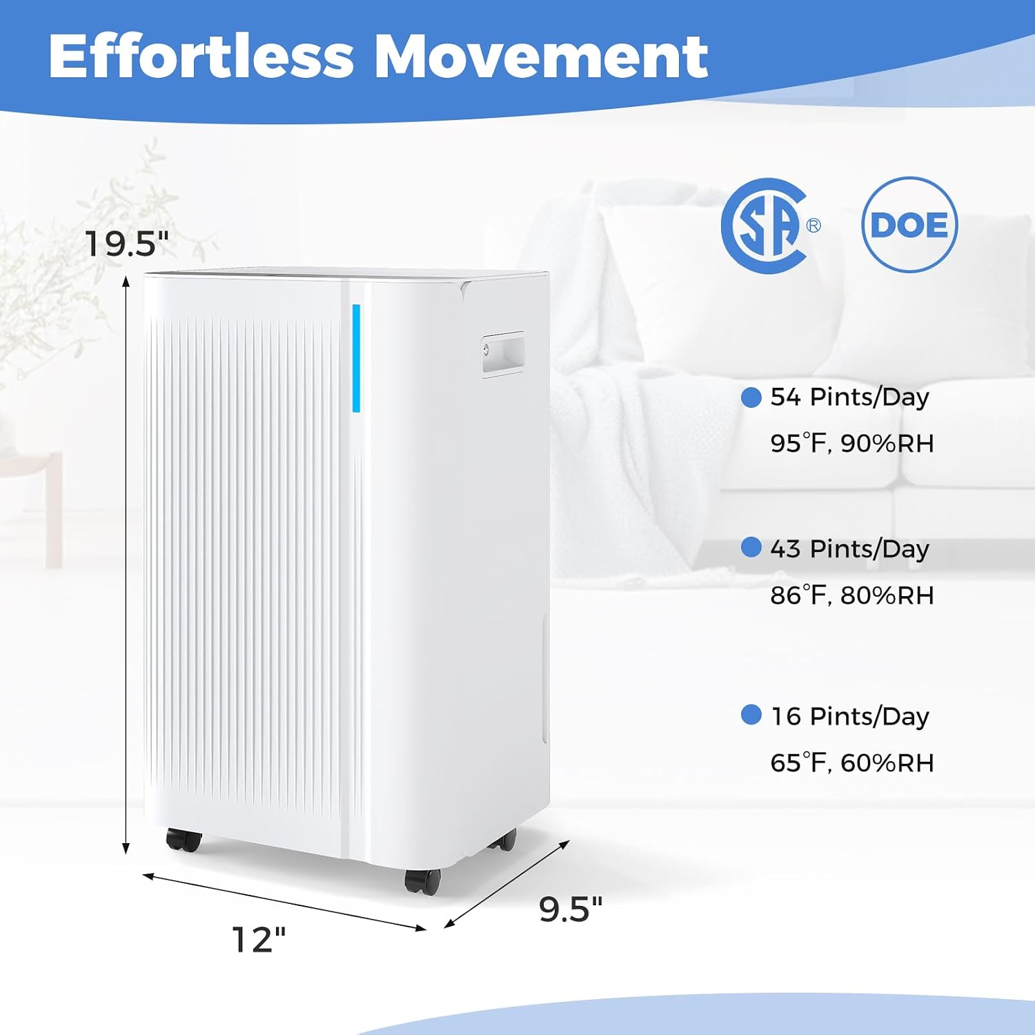 COSTWAY 54 Pints Dehumidifier for Basement, 4500 Sq.Ft Portable Dehumidifier with Drain Hose, 1.1 Gal Water Tank, 3 Modes, 24 H Timer, 3-Color Light, Auto Defrost, Memory, Child Lock
