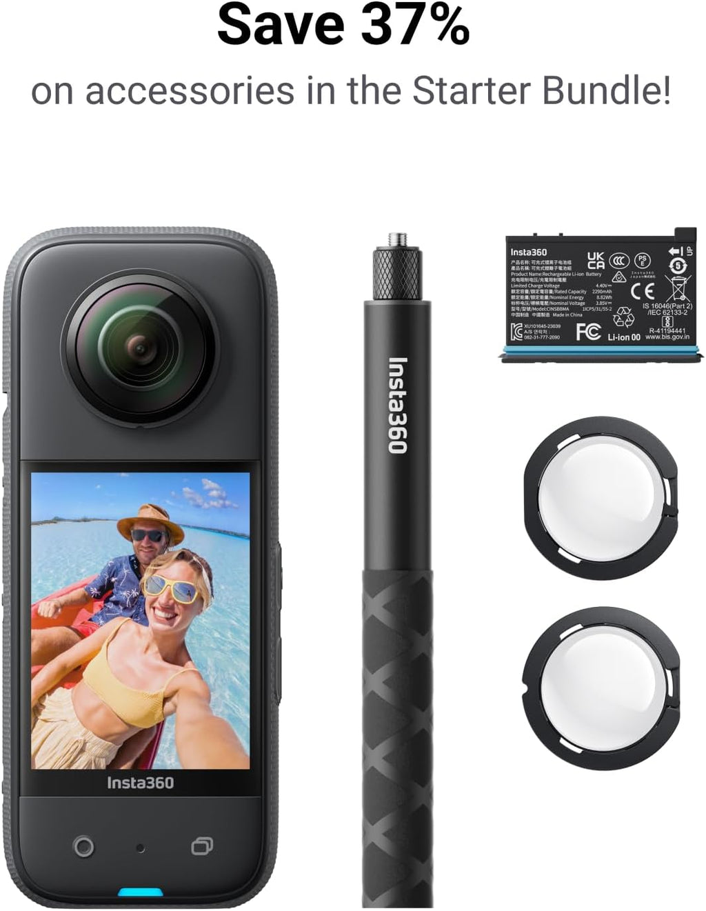 Insta360 X3 Starter Bundle - Waterproof 360° Action Camera with 1/2 Inch Sensor, 5.7K 360°, 72MP 360° Photos, Stabilisation, 2.29' Touch Screen, Vibration Feedback, AI Editing, Live Streaming