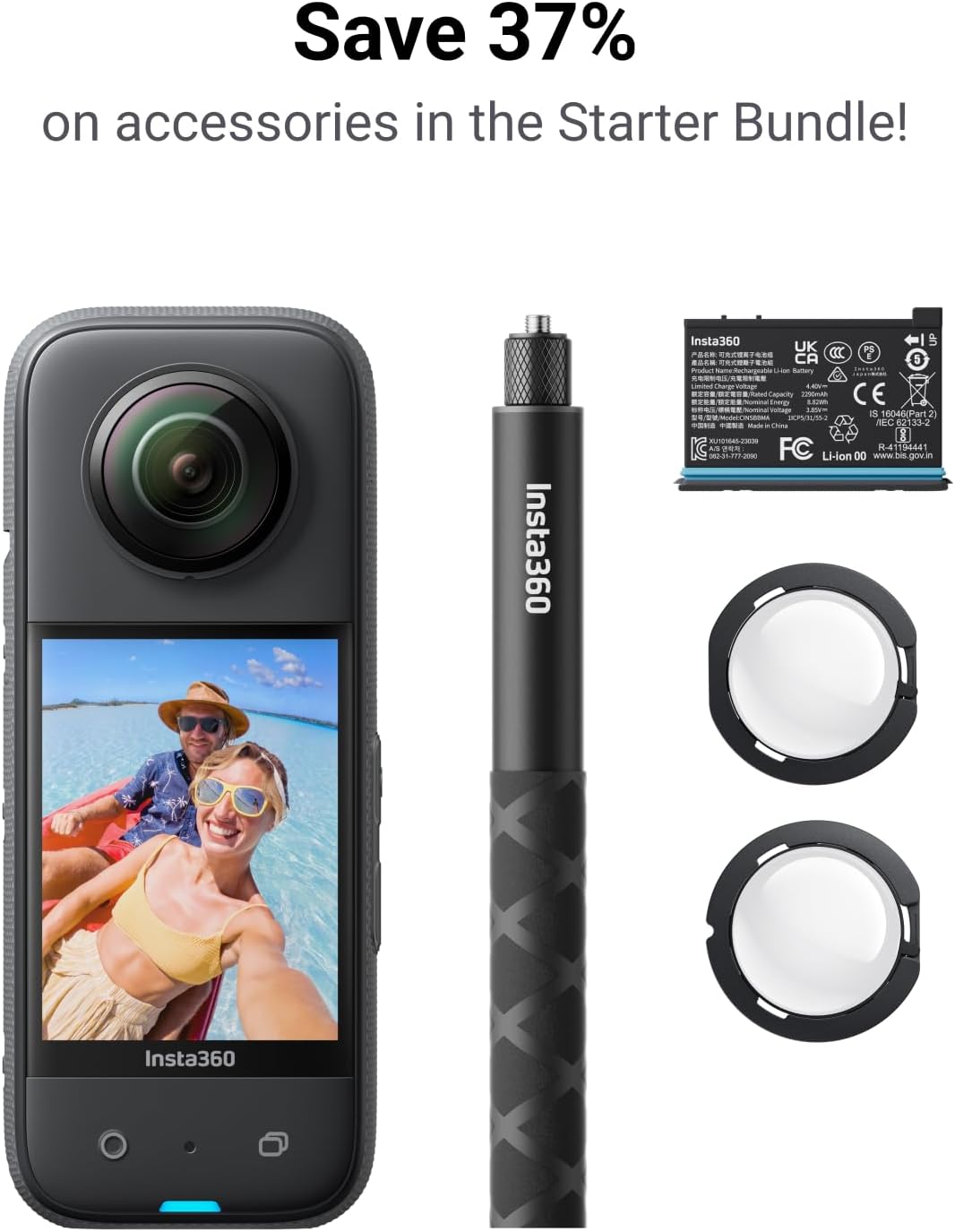 Insta360 X3 Starter Bundle - Waterproof 360° Action Camera with 1/2 Inch Sensor, 5.7K 360°, 72MP 360° Photos, Stabilisation, 2.29' Touch Screen, Vibration Feedback, AI Editing, Live Streaming
