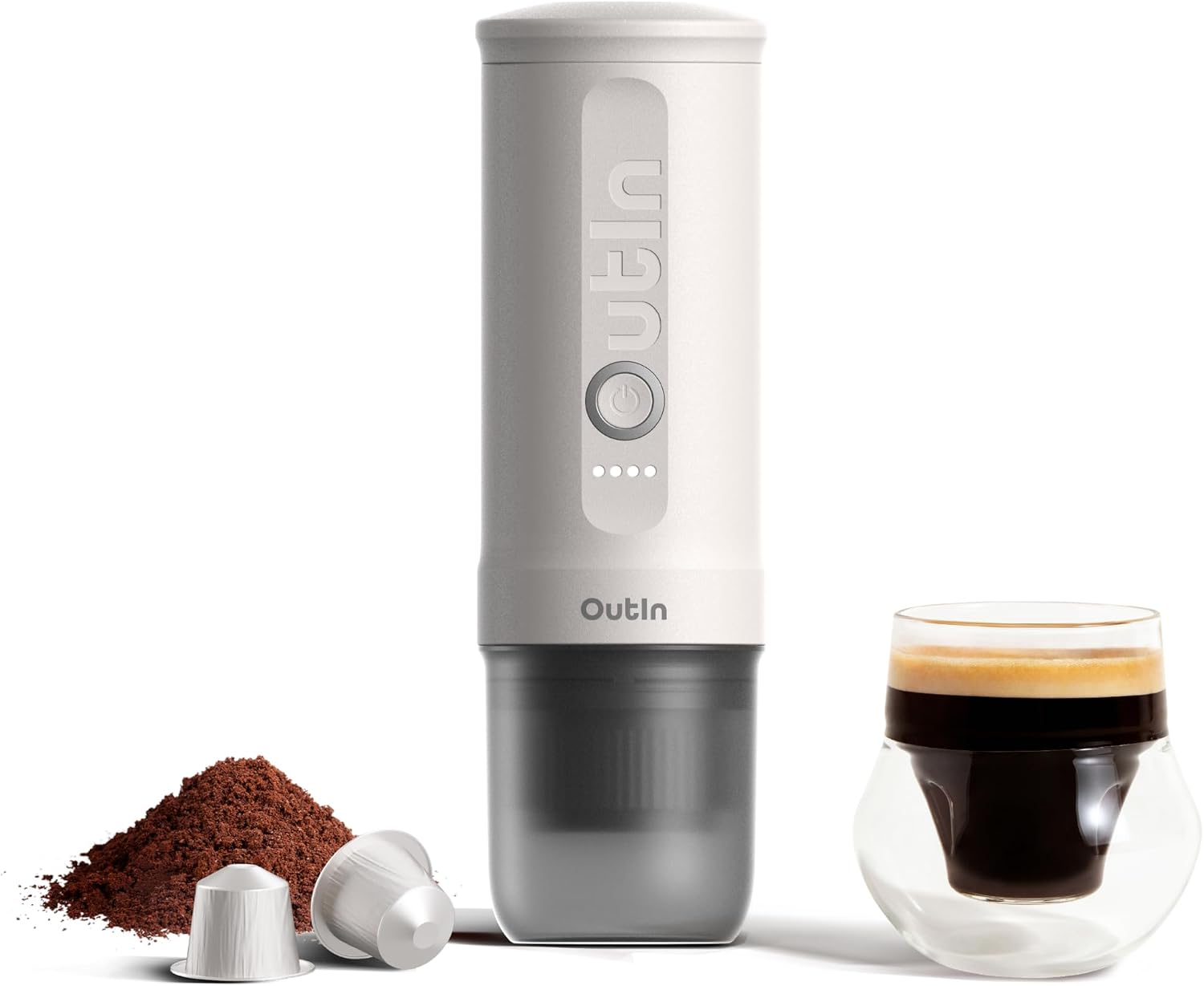 OutIn Nano Portable Electric Espresso Machine, Travel Coffee Maker for Camping, Car Coffee Maker Self-Heating with USB-C, With Ground Coffee & NS Capsule for RV, Hiking, Office