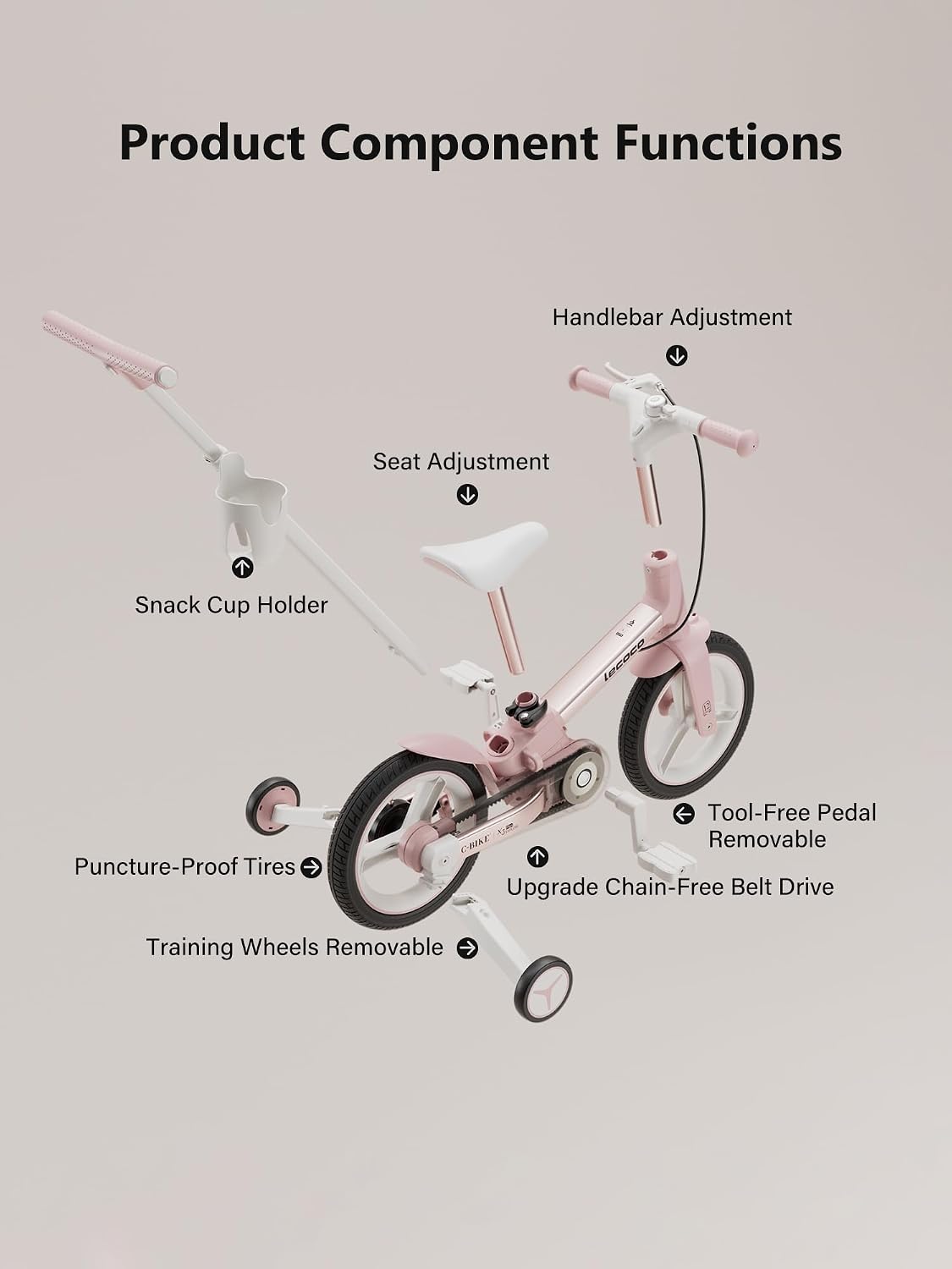 lecoco Upgraded Toddler Bike with Push Handle 6 in 1 for Kids, Balance Bicycle Toys with Training Wheels, Brackes, Cup Holder, Pedal, Kickstand Birthday Gift for Boys and Girls