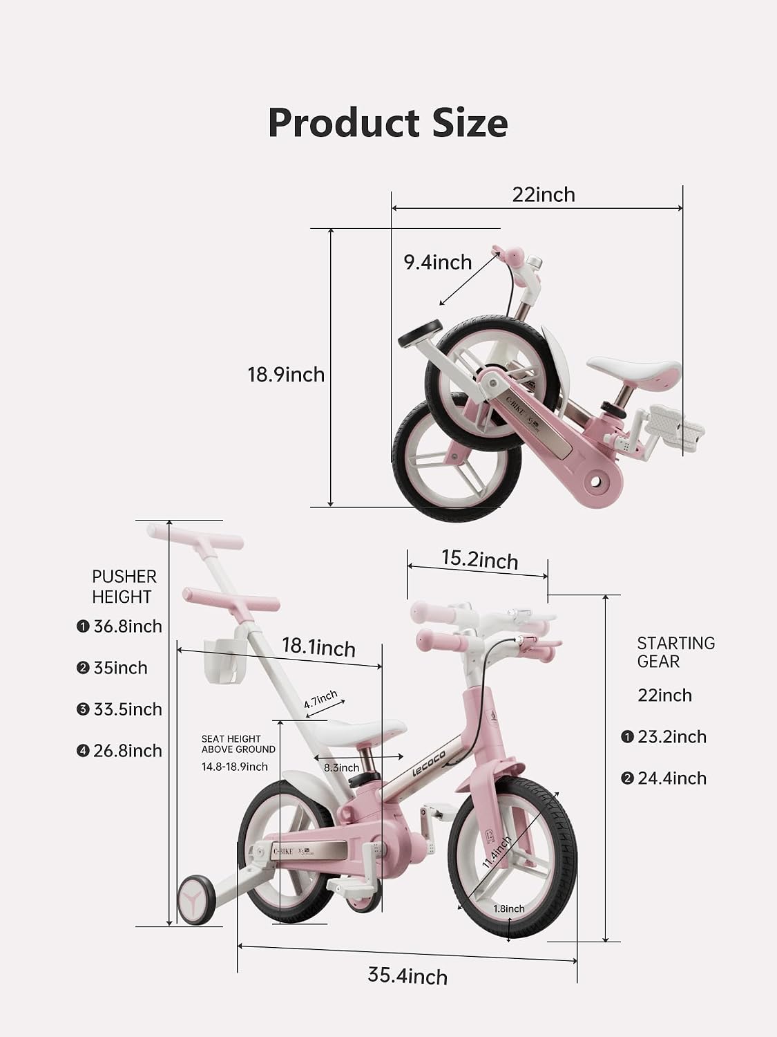 lecoco Upgraded Toddler Bike with Push Handle 6 in 1 for Kids, Balance Bicycle Toys with Training Wheels, Brackes, Cup Holder, Pedal, Kickstand Birthday Gift for Boys and Girls