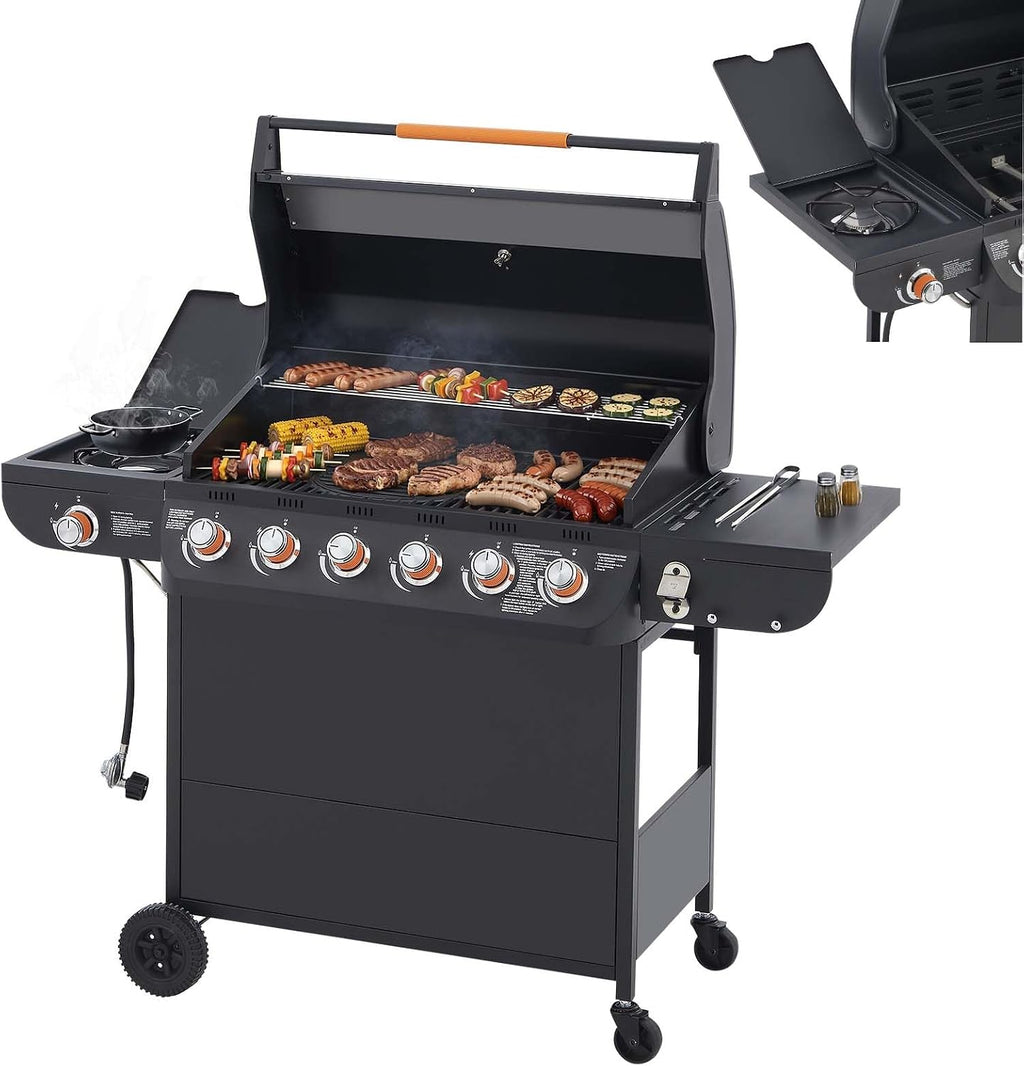 6-Burner Propane Gas BBQ Grill with Side Burner, 72,000 BTU Stainless Steel Barbecue Grill with Cast Iron Grates and Side Table for Outdoor Cooking Kitchen Patio