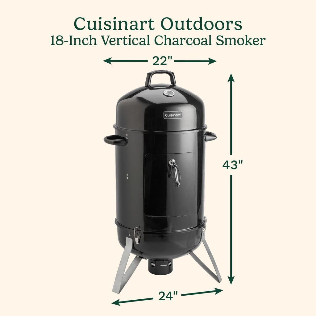 Cuisinart 18' Vertical Charcoal Smoker, Integrated Thermometer, Water Bowl and Dual Vents Perfect for Smoked Brisket, Chrome Plated Grates Smoker Grill for BBQ, Camping, Tailgates
