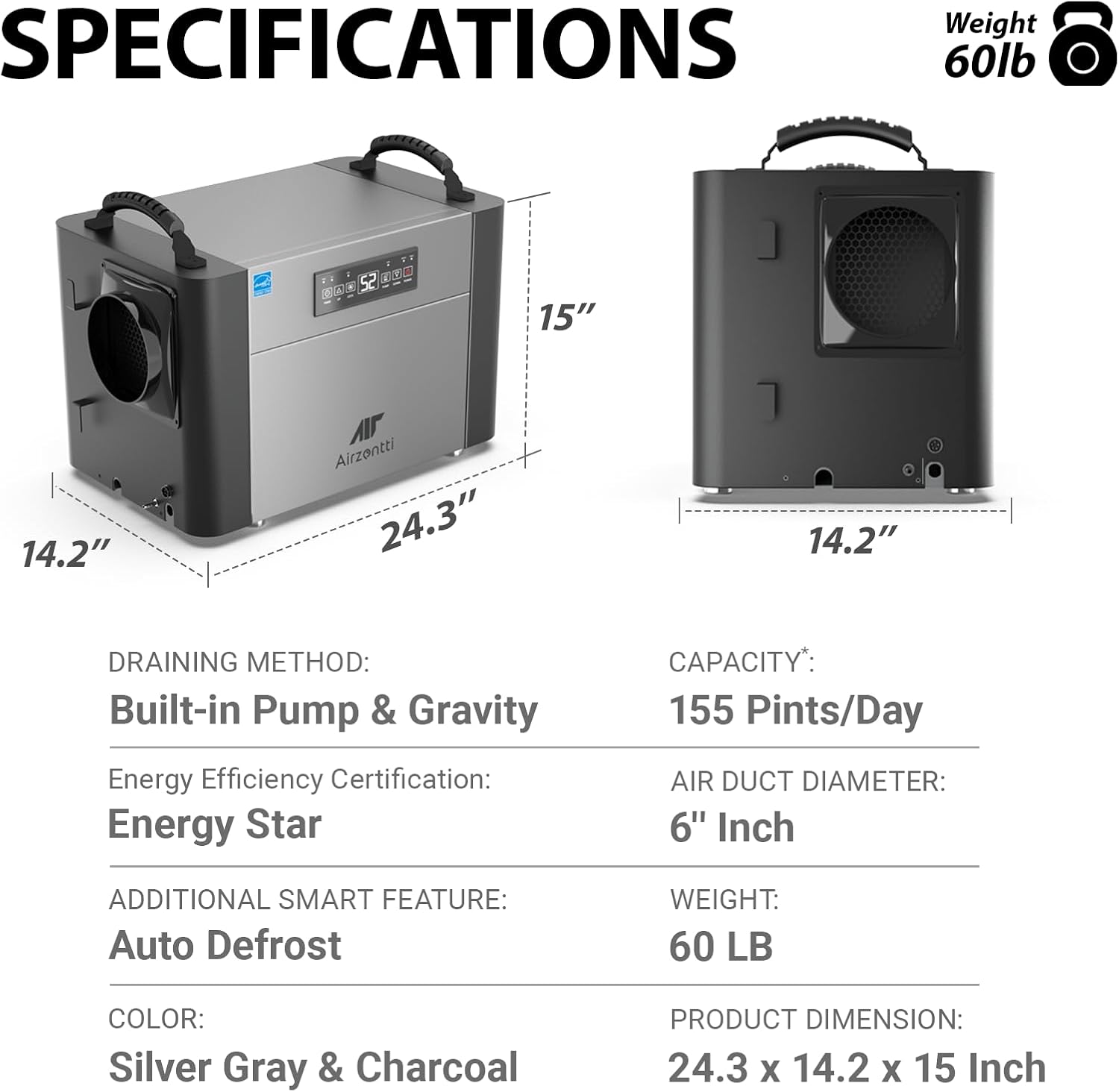 155 Pints Commercial Dehumidifier for Basement with Pump and Drain Hose, Large Space Dehumidifier for Crawl Space, Attic, Garage, Home, Industrial, Water Damage, Auto Defrost, Energy Star