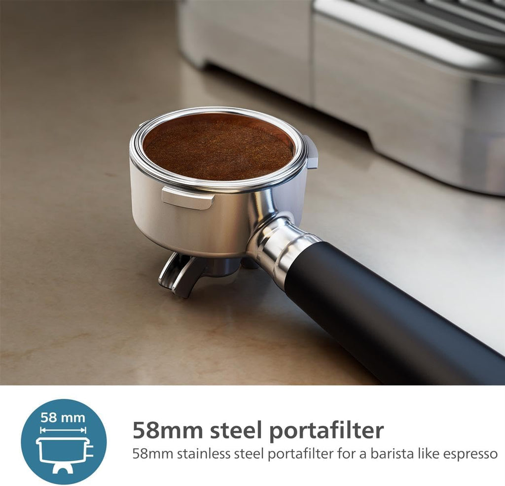 Philips Barista Brew Semi Automatic Espresso Machine - Single & Double Espresso,Americano, 250g Bean Container+Grinder+Milk Jug with temperature indicator,Calibrated Tamping,Metal Silver (PSA3218/01)
