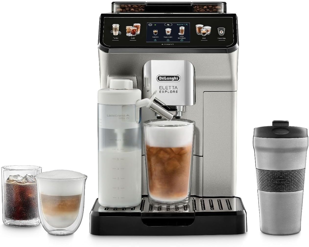 De'Longhi Eletta Explore Espresso Machine with Cold Brew, Hot & Cold Milk Frother - 50+ Recipes, Built in Grinder, Smartphone Compatible with Bean Adapt Technology for Ideal Extraction, 3.8 Pounds