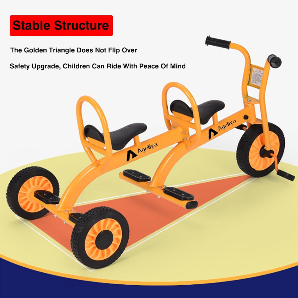 Tandem Tricycles for Kids 5-7 Year Olds, 2 Seater Preschool Pedal Kids' Trike with Solid Rubber Tires & Sturdy Metal Frame, Elementary School Daycare Kindergarten Outdoor Playground Equipment