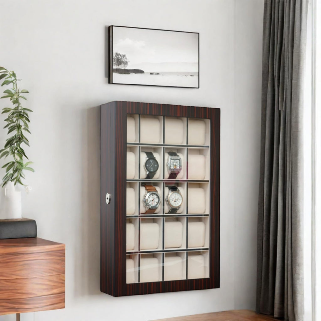 TIMELYBUYS 20 Piece Ebony Wood Watch Display Wall Hanging Case and Storage Organizer Box and Stand for Oversized Watches