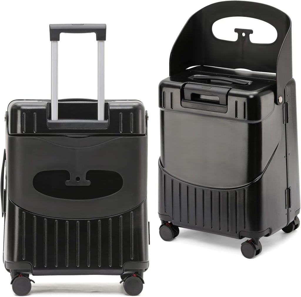 Apelila Hardside 22'' Luggage with Seat for Kids & Adults, 360° Lockable Spinner Wheels Travel Suitcase with TSA Approved Lock and Seat Belts(Black, 22-Inch)