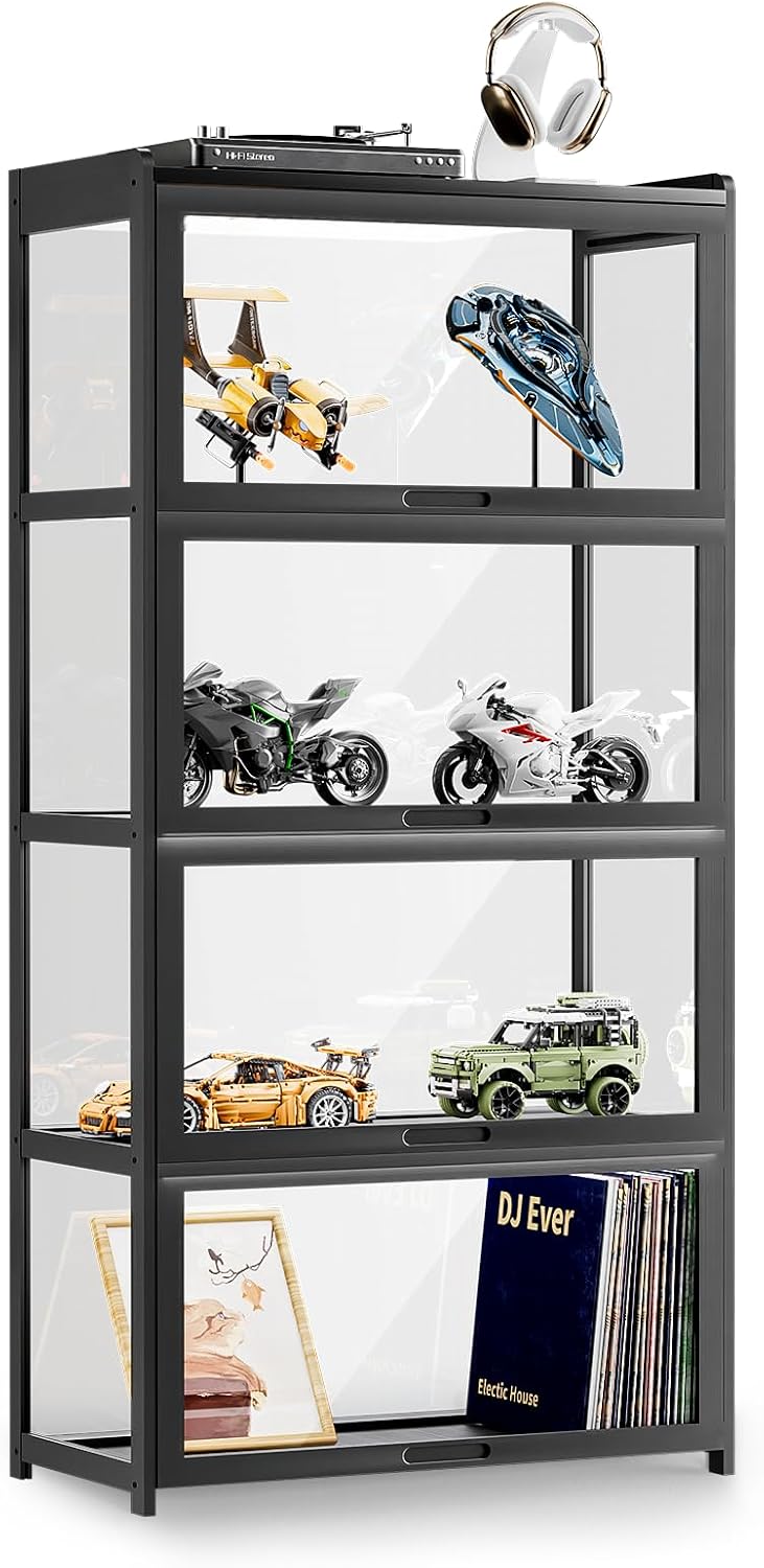 MoNiBloom 55' Curio Display Cabinet with Doors, 4-Tier Bamboo Showcase Storage Cabinet Shelf Collectibles Toy Display Case for Living Room, Black