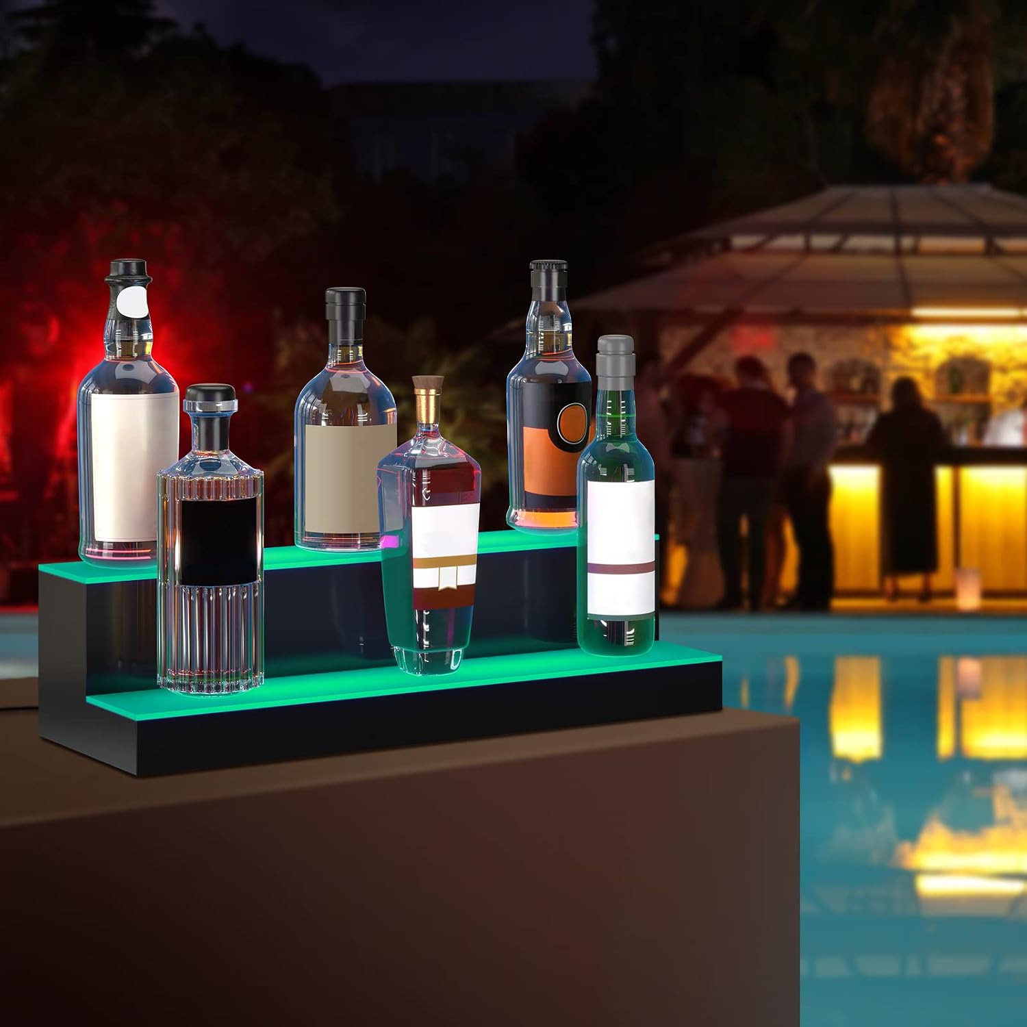 VEVOR LED Lighted Liquor Bottle Display, 2 Tiers 24 Inches, Supports USB, Illuminated Home Bar Shelf with RF Remote & App Control 7 Static Colors 1-4 H Timing, Acrylic Lighted Shelf for 12 Bottles