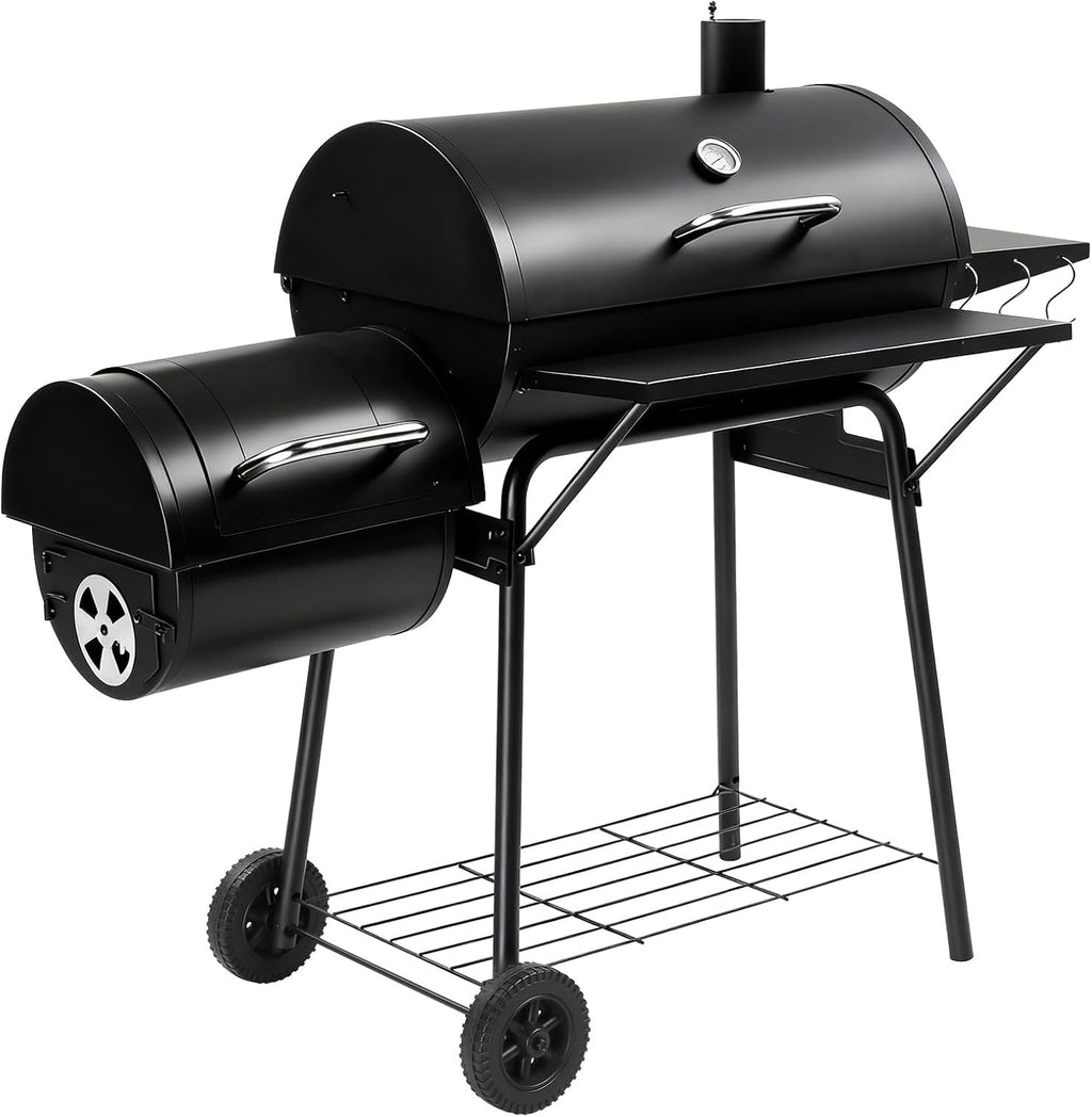 Outvita Charcoal Grill with Offset Smoker, Barrel Barbecue Smoker Grill with Spacious Cooking Area for BBQ, Backyard Patio Picnic Parties Camping, Black