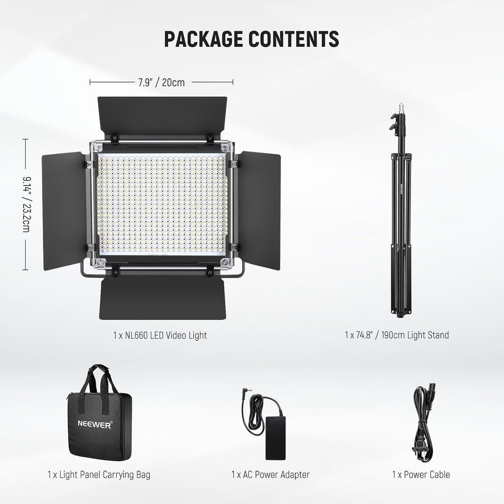 NEEWER Bi Color LED Studio Light with Tripod Stand Barndoors, Video Panel Key Lighting for Video Recording Streaming Photoshoot Photography, 660 LEDs 3200K-5600K 3300lx/1m Dimmable CRI96+, NL660
