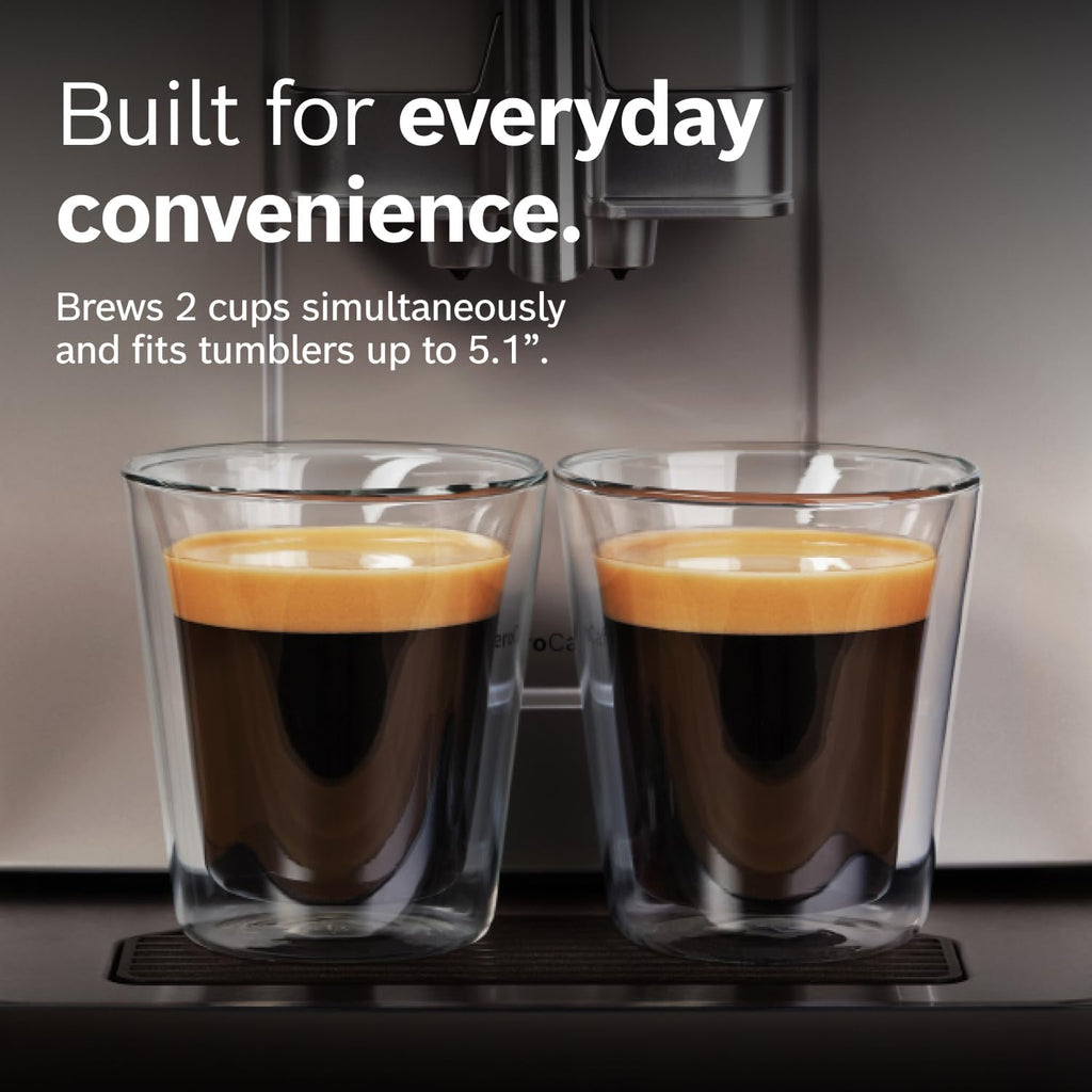 Bosch Fully Automatic Coffee and Espresso Machine - One-Touch Drinks, Barista Style, Double Cup Super Coffee Maker - Large Bean Capacity - Easy Clean, Maintenance - Silver- TIU20307