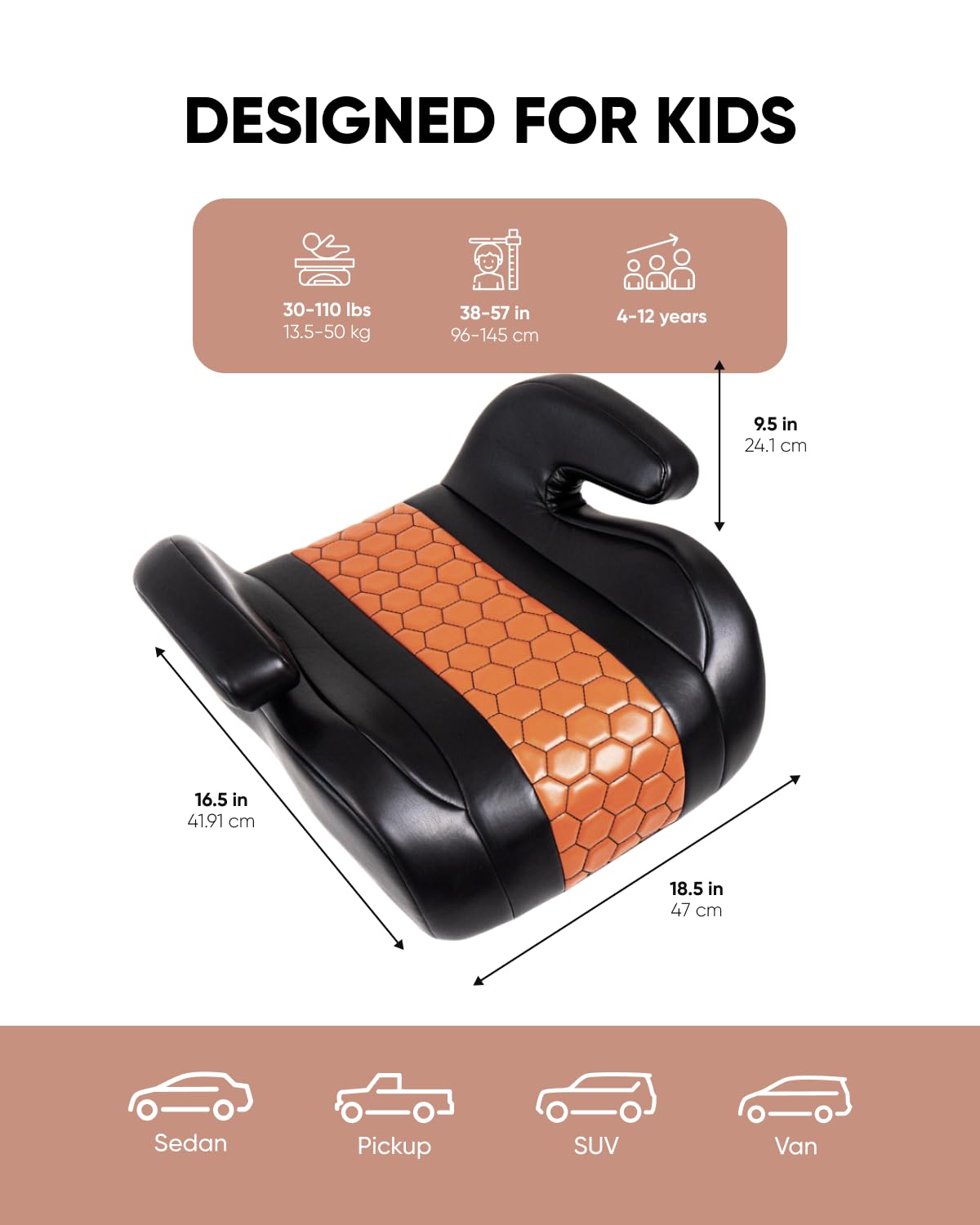 Owleys Backless Booster Car Seat with Latch Connectors, Kids Booster Seat for Car 40-100 lbs, Waterproof Eco Leather Cushion & Anti-Slip Base, Portable Travel Design for Ages 4-12, Black-Brown