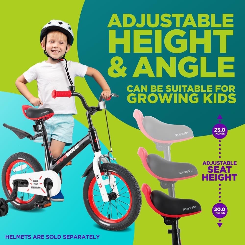 SereneLife Kids Bike with Training Wheels - Toddlers Bicycle w/Adjustable Seat Height, Alloy Steel Frame, Dual Brake System, Full Chain Guard, Reflector, Bell, Kickstand