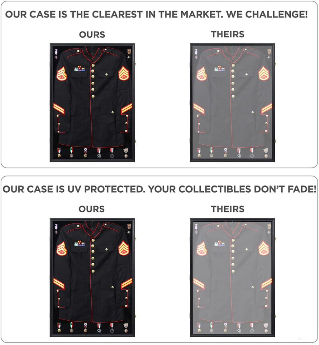 KCRasan Military Uniform Display Case - Police Uniform Display Frame - Uniform Shadow Box Wall Cabinet with Uv Protection Acrylic Door for Collection Military Uniform Black