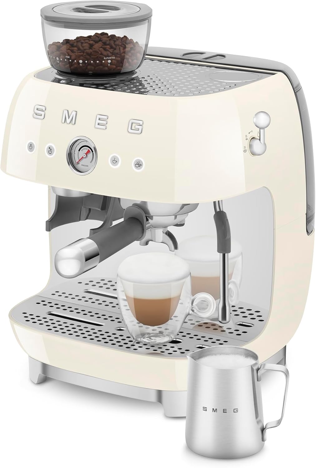 Smeg EGF03 Semi-Automatic Espresso Machine with Built-In Grinder, Dual Thermoblock, 50's Retro Style – Cream (120 V)