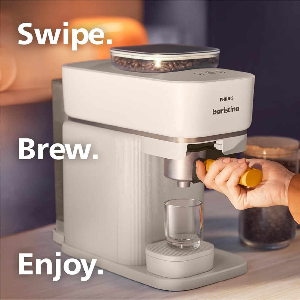 Philips Baristina Espresso Machine, Grind, Tamp & Brew Coffee Beans in One Swipe, Compact, 16 Bar Pump Pressure, Automatic Grinder, Natural White with White Portafilter (BAR300/00)