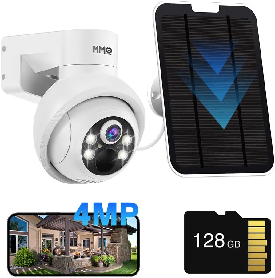 MMQ Solar Security Cameras Outdoor, 4MP PTZ Solar Panel for Security Cameras, Battery Powered Wireless Cameras for Home with 128GB Card, PIR Motion Detection, Color Night Vision, Work with Alexa