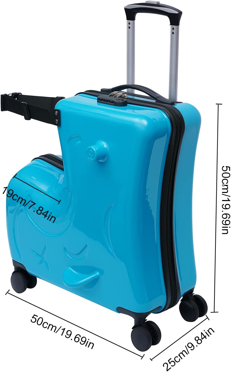 20' Kids Luggage, Rolling Kids Travel Suitcase with Seat and Safety Belt, Children's Ride for Toddler Ages 3-6(Blue)