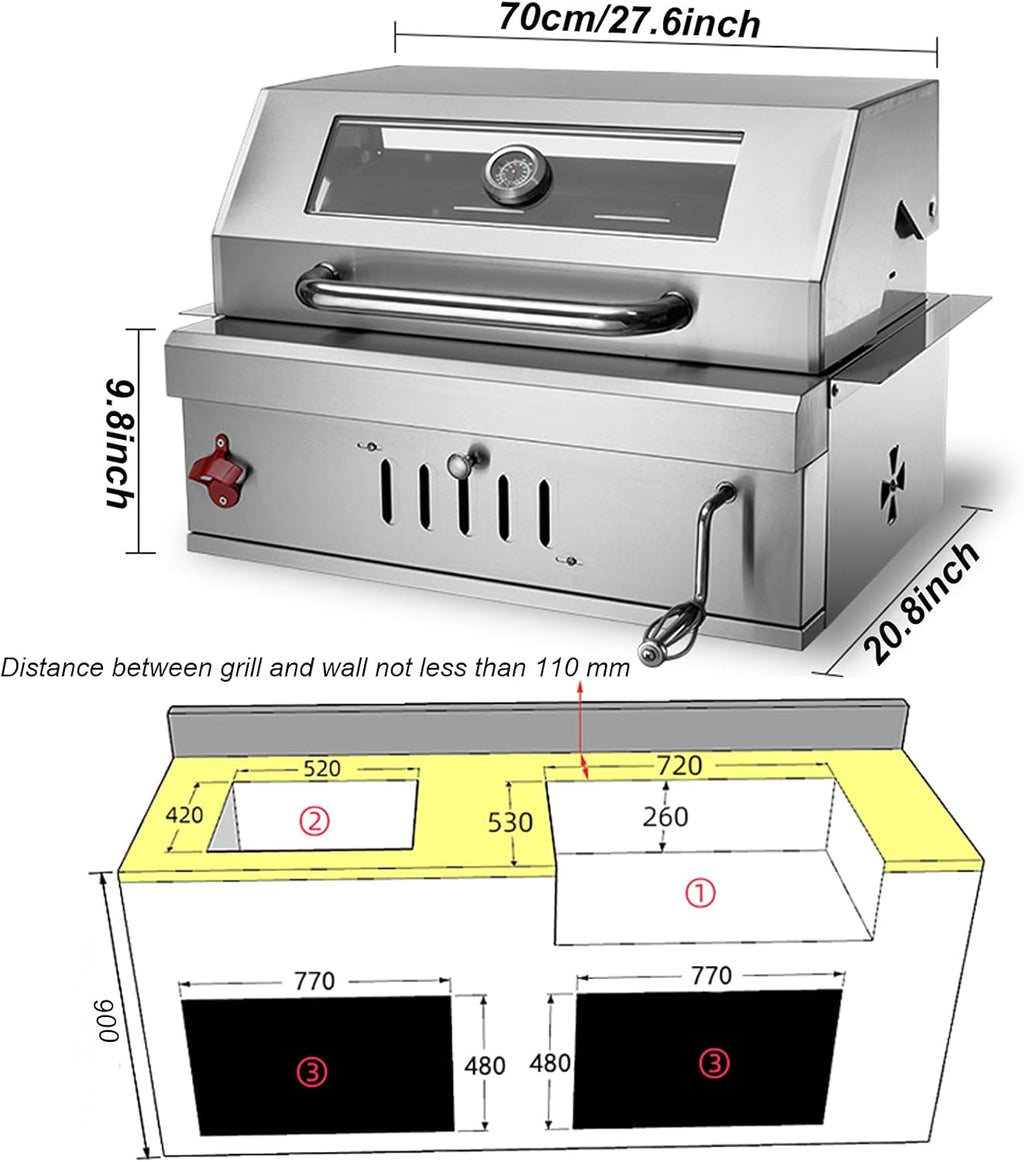 Built-In Stainless Steel Charcoal Grill for Outdoor Kitchen,28 Inch Large Charcoal BBQ Grills with Liftable Tray,Insulated Hood,Temperature Gauge & Cover for Camping,Patio,Park(Glass Square Lid)