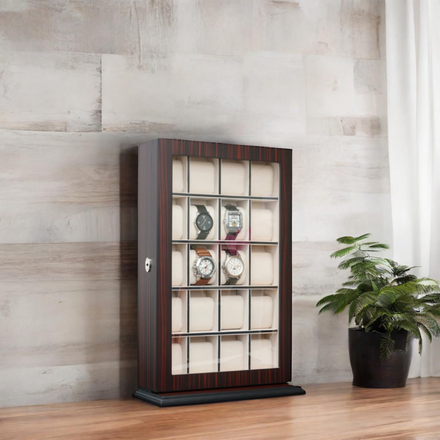 TIMELYBUYS 20 Piece Ebony Wood Watch Display Wall Hanging Case and Storage Organizer Box and Stand for Oversized Watches