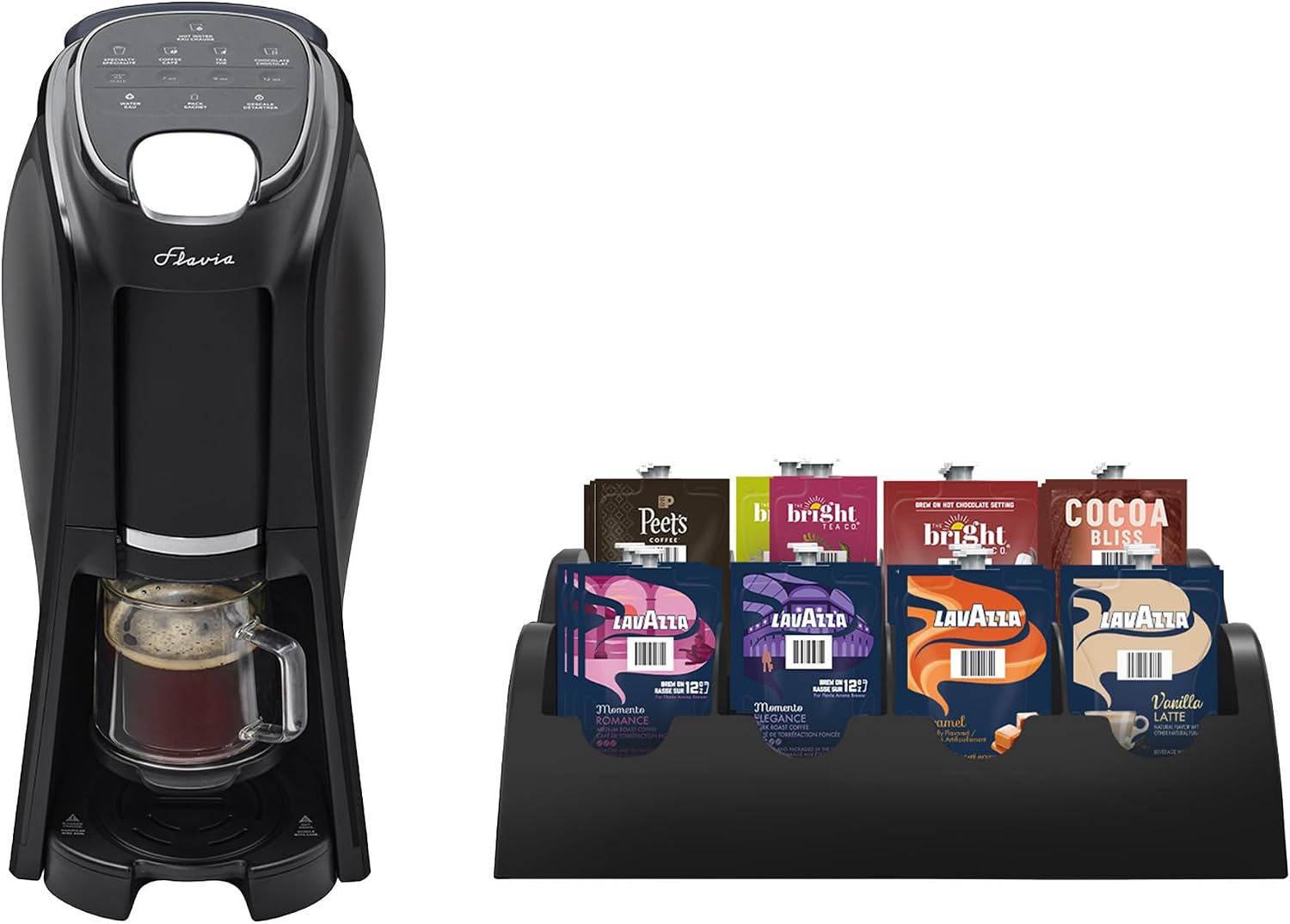 Flavia Aroma Brewer Bundle with 84 Freshpacks and 1 Merchandiser - Coffee Machine, Makes Coffee, Lattes, Tea, and other Hot or Iced Beverages, Multiple Brew Sizes, Black, Works ONLY with Freshpacks