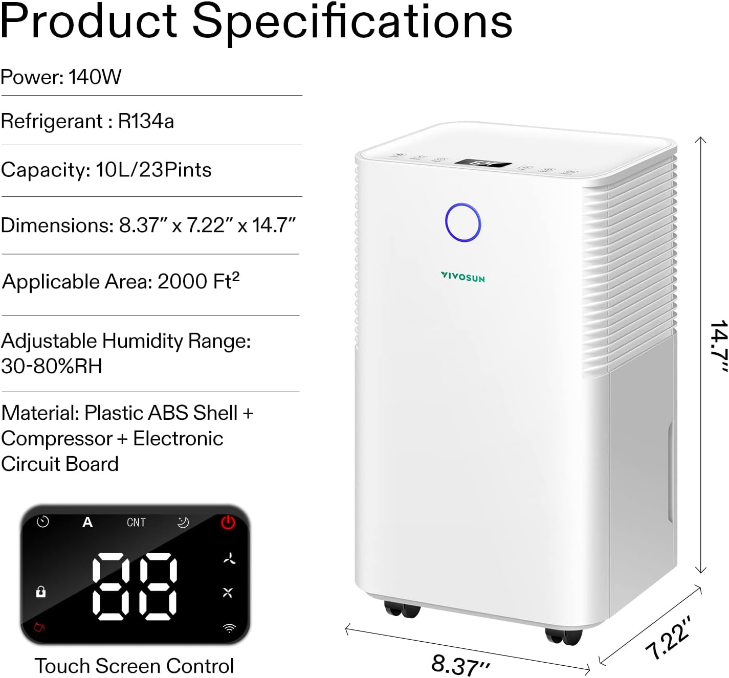 VIVOSUN 10L/D 2,000 Sq. Ft. Dehumidifier, Ultra-Quiet Auto Defrost Dehumidifier Equipped with 2L Water Tank, Smart WiFi App, Color Digital Display, 24-hour Timer for Home, Basement, Bedroom