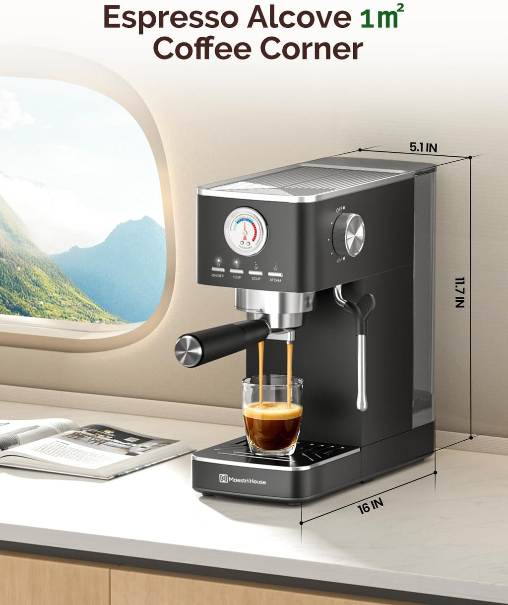 Maestri House Espresso Machines 20 Bar ULKA Pump, Compact Espresso Maker Built-in Flow Meter Steam Milk Frother, 43oz Removable Water Tank Stainless Steel Coffee Machine for Cappuccino (Black)