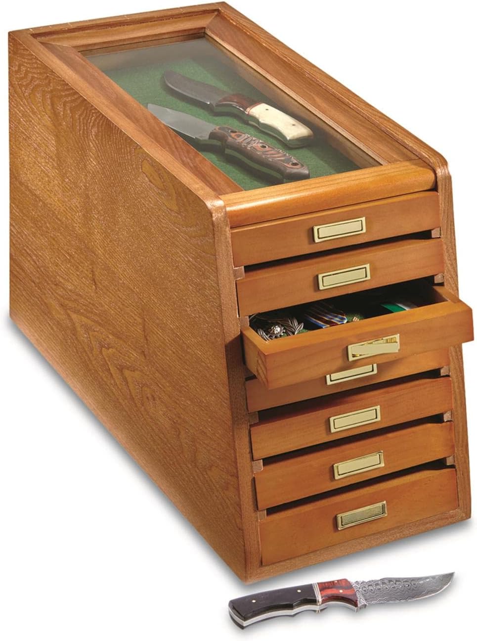 CASTLECREEK Collector's Cabinet Display Case for Collectibles, Wood 7-Drawer Storage Organizer Oak