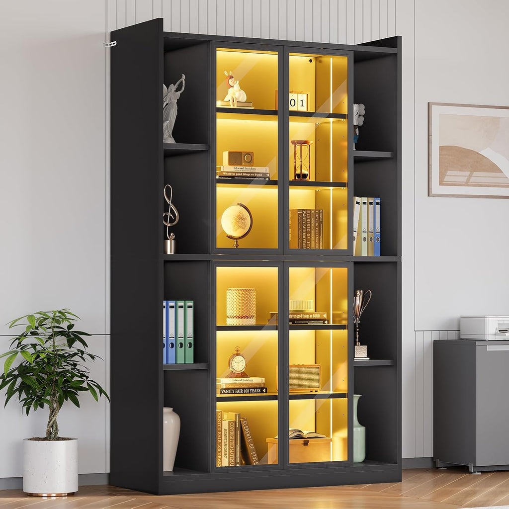 SEDETA 71' Display Cabinet with Acrylic Glass Doors, 6 Tier Display Cases for Collectibles, Curio Cabinet with LED Lights, Tall Bookcase with Adjustable Shelves, Black