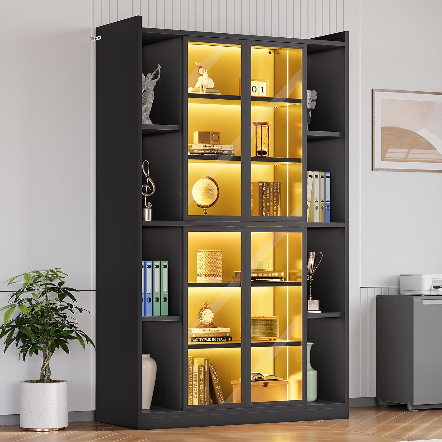 SEDETA 71' Display Cabinet with Acrylic Glass Doors, 6 Tier Display Cases for Collectibles, Curio Cabinet with LED Lights, Tall Bookcase with Adjustable Shelves, Black