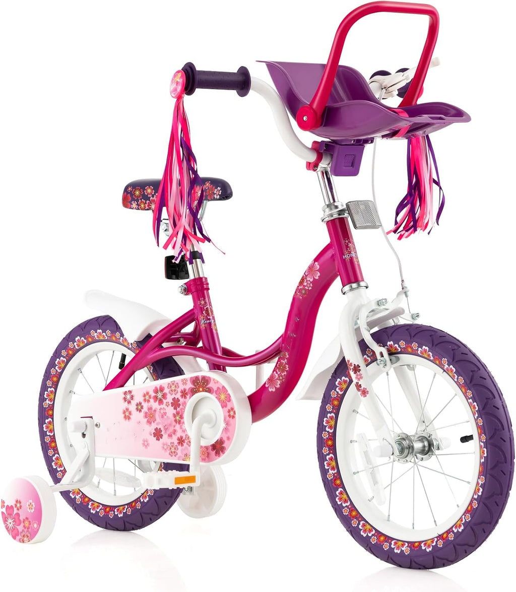BABY JOY Kids Bike, 12 14 16 18 20 Inch Girls Bike w/Detachable Training Wheels or Kickstand, Storage Basket, Adjustable Seat & Handlebar, Bow or Streamer, Children Bicycle for 3-8 Years Old