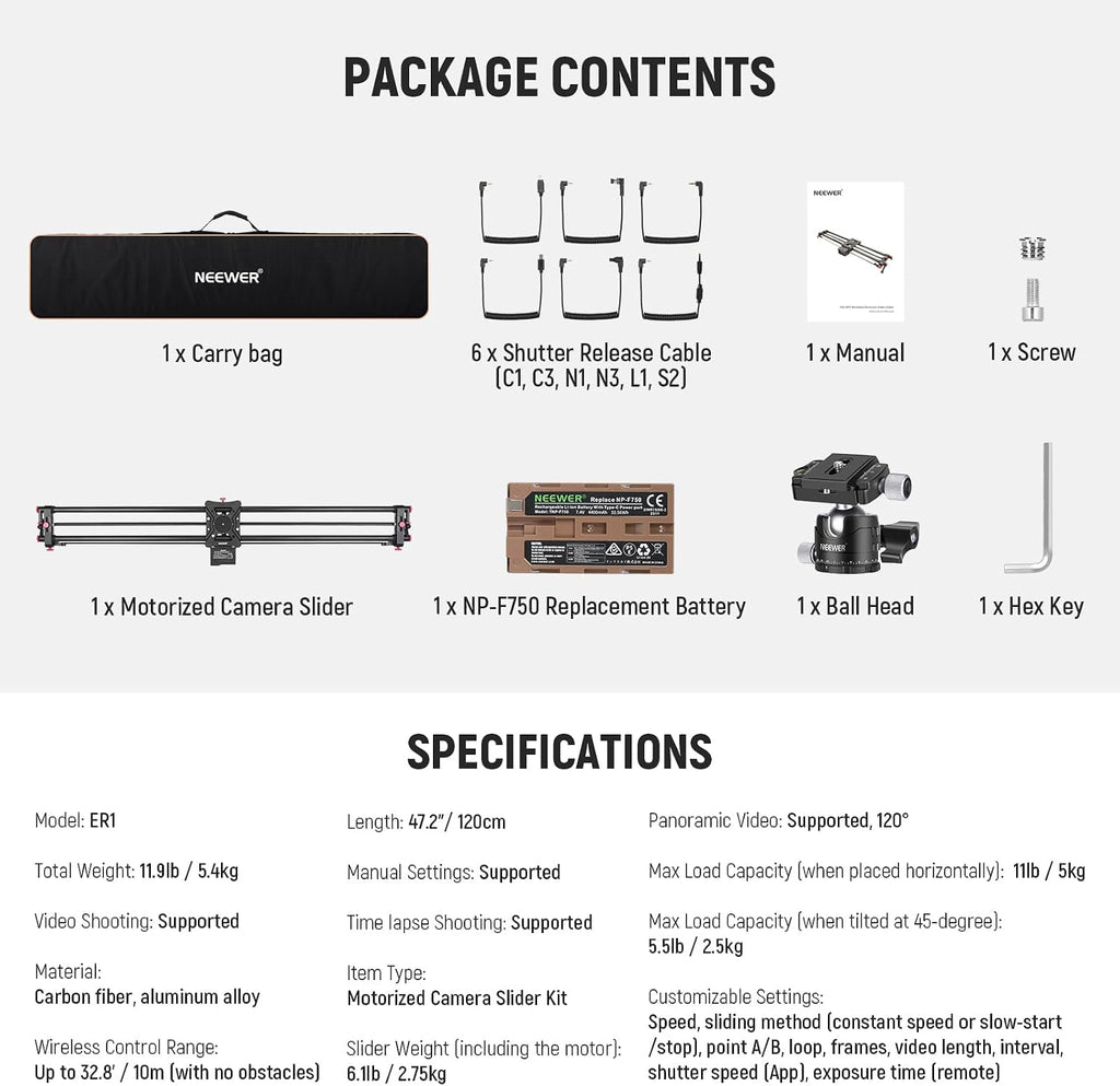 NEEWER 47.2'/120cm Motorized Camera Slider, App Wireless Control DSLR Carbon Fiber Dolly Rail Slider with 4400mAh F750 Battery (Charger Not Included), Support Video Mode, Time Lapse Photography, ER1