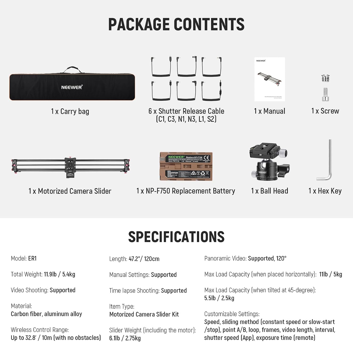 NEEWER 47.2'/120cm Motorized Camera Slider, App Wireless Control DSLR Carbon Fiber Dolly Rail Slider with 4400mAh F750 Battery (Charger Not Included), Support Video Mode, Time Lapse Photography, ER1