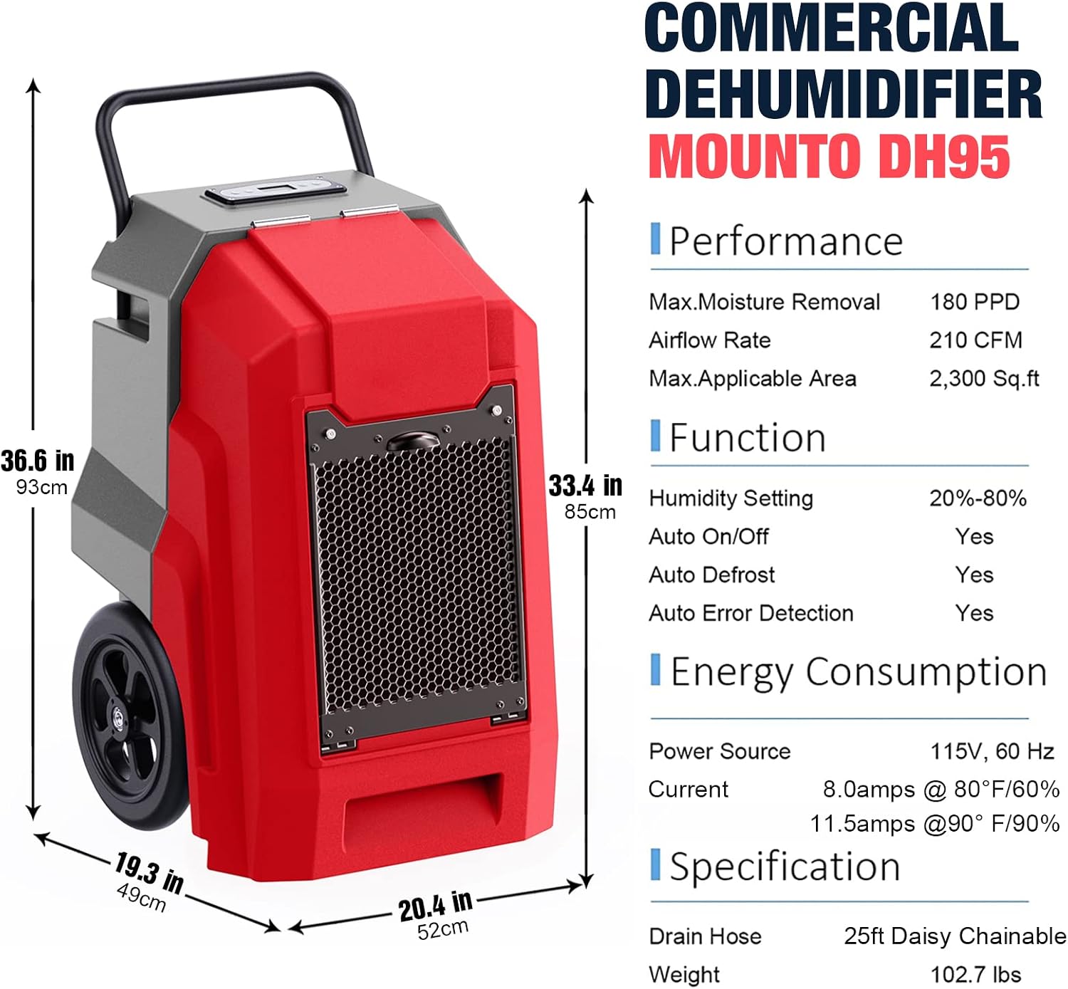 MOUNTO 180Pints LGR Industrial Dehumidifier with Pump and Drain Hose, Portable Commercial Dehumidifier with Wheels for Home, Basements, Garages, and Job Sites (Red)