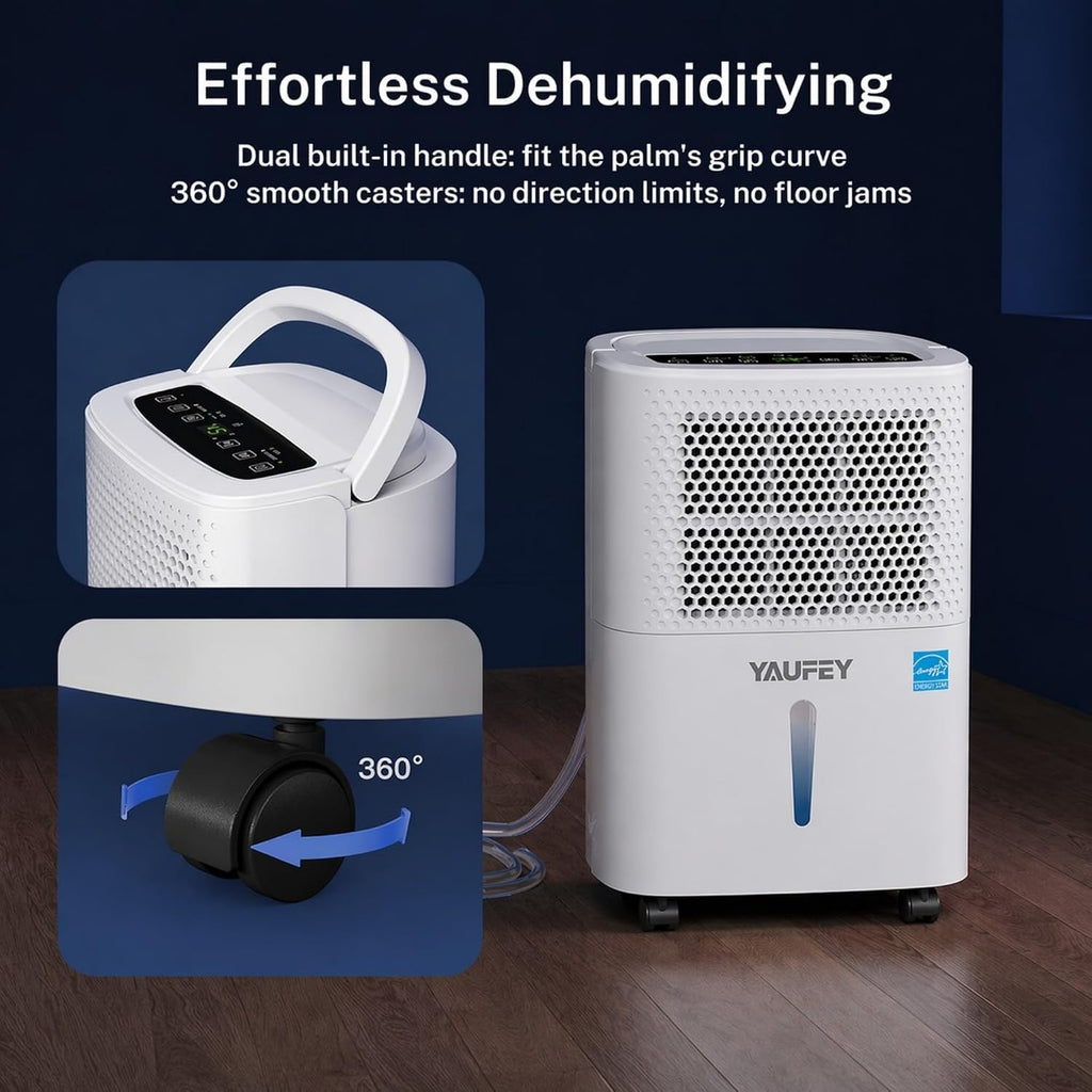 Yaufey 2025 Most Efficient Energy Star Dehumidifier for 3,000 Sq. Ft. Home, Basement and Large Room - Powerful, Quiet with Humidity Control, Timer, Drain Hose and Water Tank