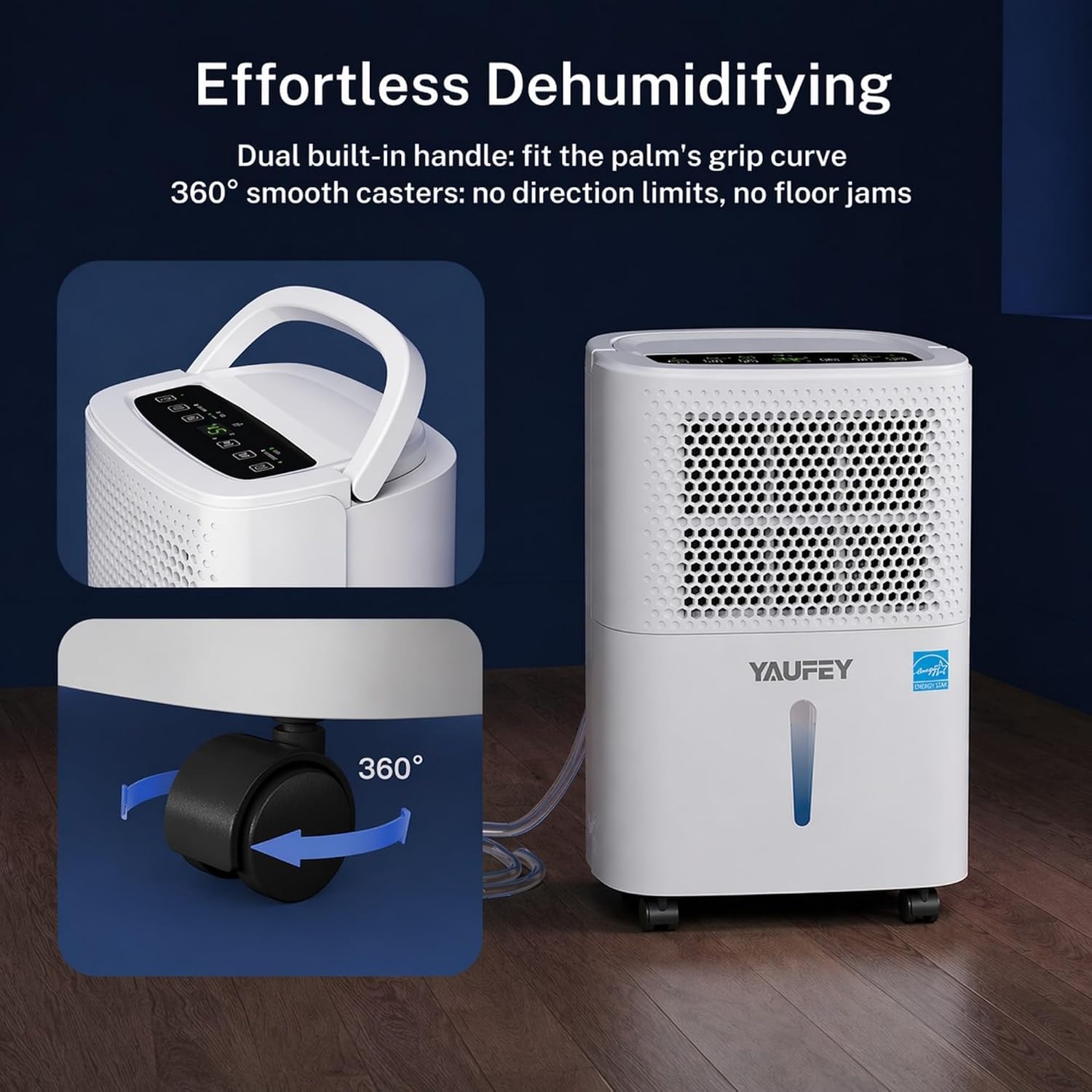 Yaufey 2025 Most Efficient Energy Star Dehumidifier for 3,000 Sq. Ft. Home, Basement and Large Room - Powerful, Quiet with Humidity Control, Timer, Drain Hose and Water Tank