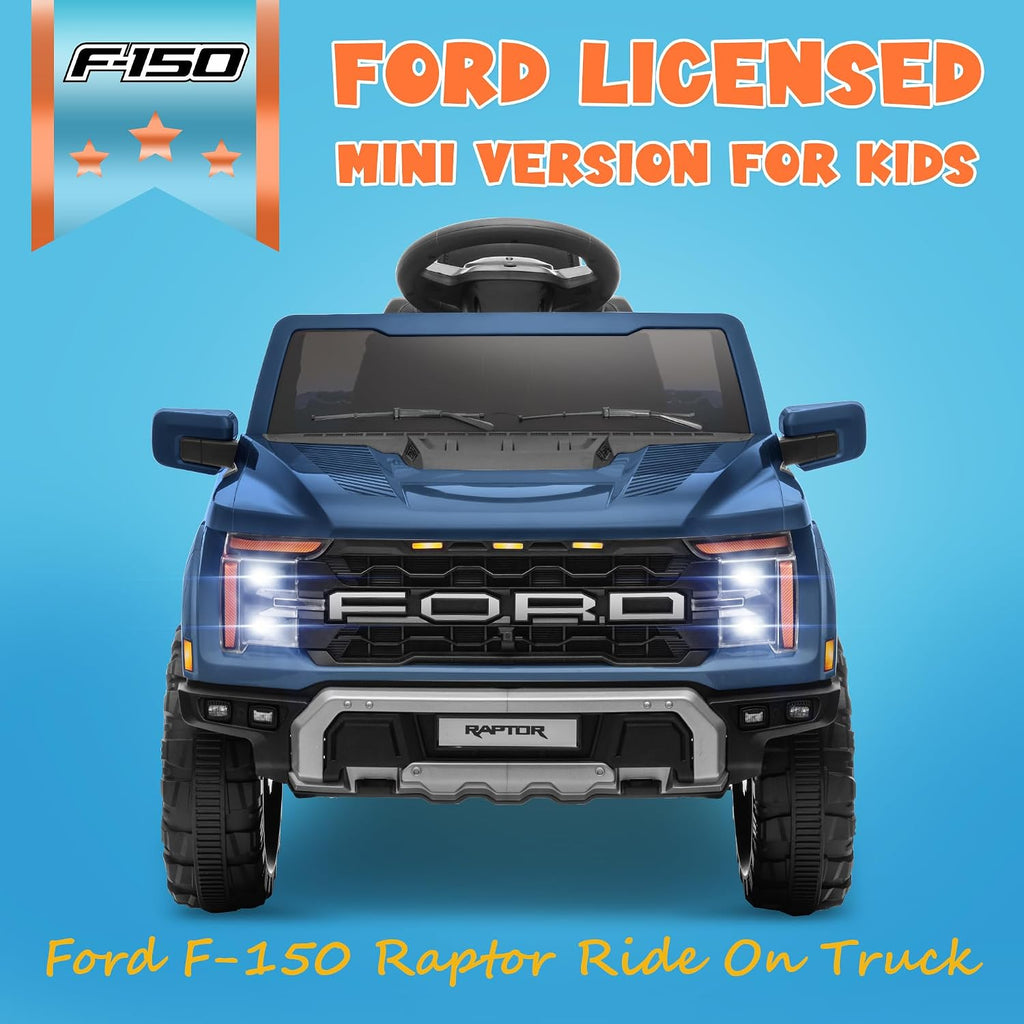 ENYOPRO 12V Licensed Ford F-150 Raptor Toddler Ride On Car w/Remote Control, Battery Powered Kids Electric Car w/LED Lights, Bluetooth, Soft Start, 4-Wheel Shock Absorber, Truck Bed Storage (Blue)