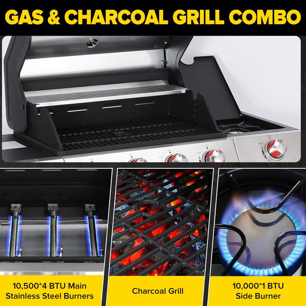 CIG GARDEN 4-Burner Gas & Charcoal Combo Grill with Side Burner - 3-in-1 Propane BBQ Grill, Griddle and Smoker | 52,000 BTU Stainless Steel Outdoor Grill for Backyard, Patio, Camping