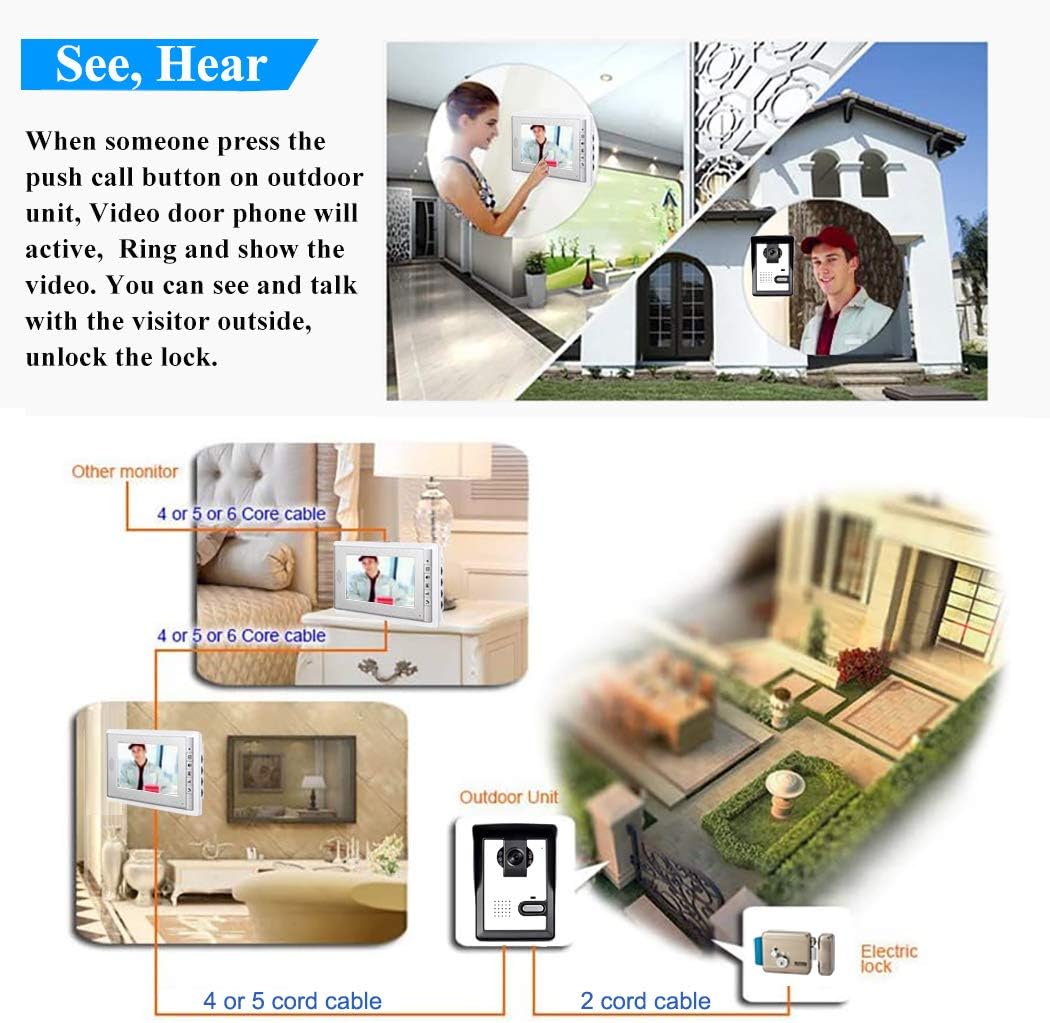 Wired Video Intercom Doorbell System, 3PCS 7-Inches LCD Monitor HD Camera Video Door Phone Doorbell Kits, Support Monitoring, Unlock, Dual-Way Door Intercom, IR Night Vision, Indoor Outdoor