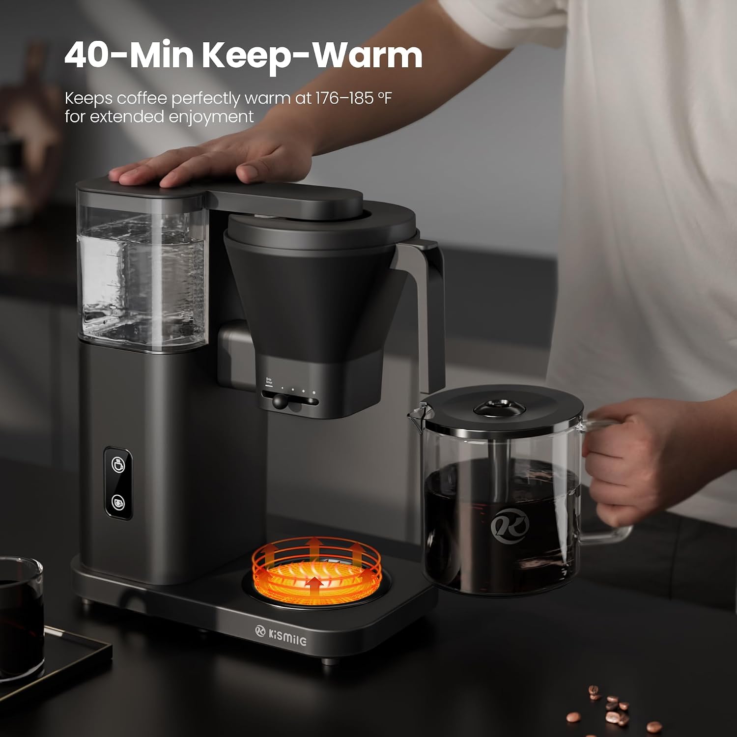 Kismile SCA-Certified 8 Cup Drip Coffee Maker, Pour Over Coffee Machine with 3s Instant Heat 197–205℉, Adjustable Flow Control, Removable Water Tank, Deep Cold Brew & 40 Min Keep Warm (Black)