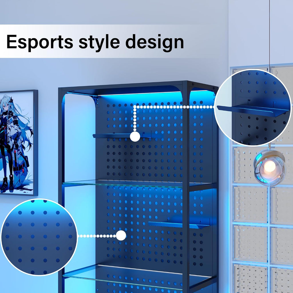 kepptory LED Display Shelf for Collectibles, 4-Tier Glass Shelf with Small Display Shelves and Pegboard Design, Tall Narrow Gaming Shelves with Anti-Tipping Device, Black (65 Inch)