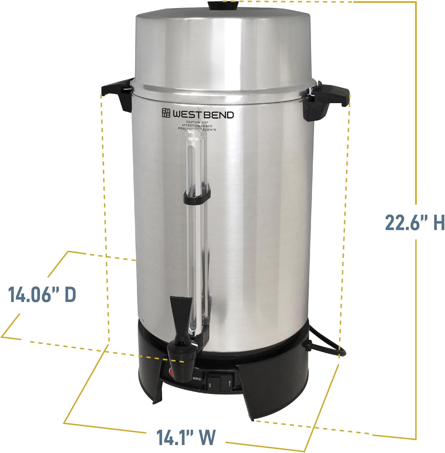 West Bend 33600 Coffee Urn Commercial Highly-Polished Aluminum NSF Approved Features Automatic Temperature Control Large Capacity with Fast Brewing and Easy Clean Up, 100-Cup, Silver