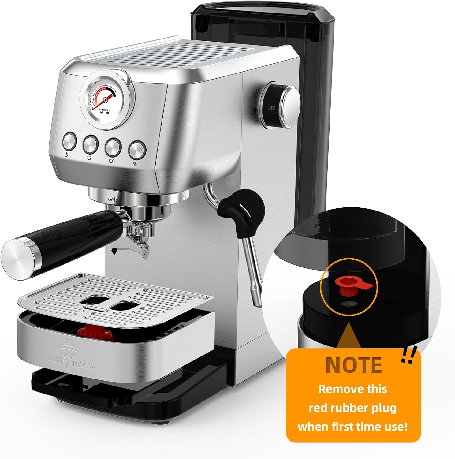 MAttinata CM1663 Espresso Machine, 20 Bar Compact Coffee Maker with Milk Frother Steam Wand for Cappuccino, Latte, Professional Pressure Gauge & 49oz Removable Water Tank for Home，Stainless Steel